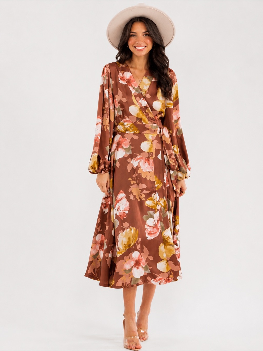 Floral Wrap Midi Dress in Brown - Picture 3 of 3